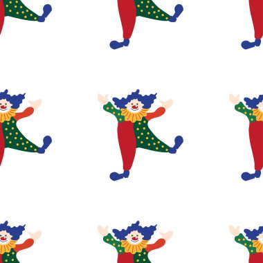 CRCUS temalı kusursuz desen. Palyaçolar, kaslı adamlar, aslanlar, sihirli şapkalar, şapkalı tavşanlar, tatil balonları çadırları. Sirk karakterleri. Çizgi film düz stili