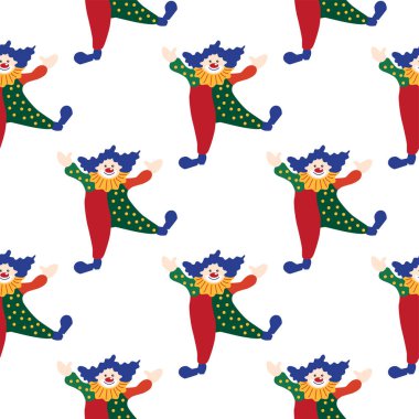 CRCUS temalı kusursuz desen. Palyaçolar, kaslı adamlar, aslanlar, sihirli şapkalar, şapkalı tavşanlar, tatil balonları çadırları. Sirk karakterleri. Çizgi film düz stili