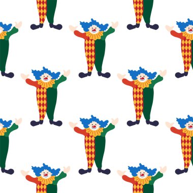 CRCUS temalı kusursuz desen. Palyaçolar, kaslı adamlar, aslanlar, sihirli şapkalar, şapkalı tavşanlar, tatil balonları çadırları. Sirk karakterleri. Çizgi film düz stili