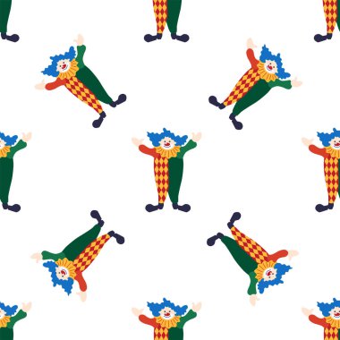 CRCUS temalı kusursuz desen. Palyaçolar, kaslı adamlar, aslanlar, sihirli şapkalar, şapkalı tavşanlar, tatil balonları çadırları. Sirk karakterleri. Çizgi film düz stili