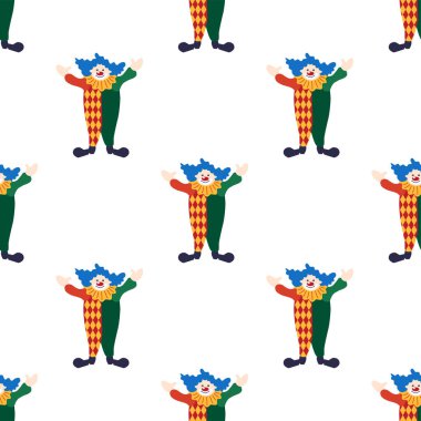 CRCUS temalı kusursuz desen. Palyaçolar, kaslı adamlar, aslanlar, sihirli şapkalar, şapkalı tavşanlar, tatil balonları çadırları. Sirk karakterleri. Çizgi film düz stili