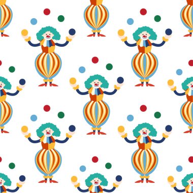 CRCUS temalı kusursuz desen. Palyaçolar, kaslı adamlar, aslanlar, sihirli şapkalar, şapkalı tavşanlar, tatil balonları çadırları. Sirk karakterleri. Çizgi film düz stili