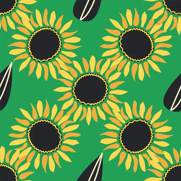 Ayçiçeği, yeşil yapraklar ve siyah tohumlarla kusursuz desen..