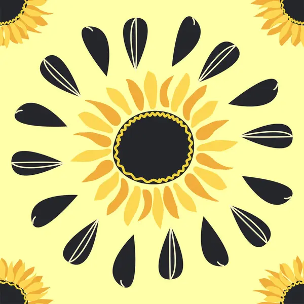 Ayçiçeği, yeşil yapraklar ve siyah tohumlarla kusursuz desen..