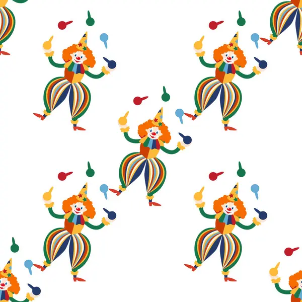 CRCUS temalı kusursuz desen. Palyaçolar, kaslı adamlar, aslanlar, sihirli şapkalar, şapkalı tavşanlar, tatil balonları çadırları. Sirk karakterleri. Çizgi film düz stili
