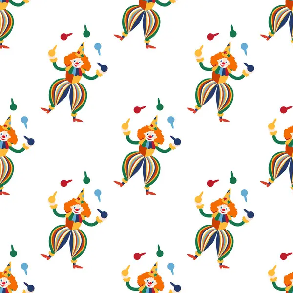CRCUS temalı kusursuz desen. Palyaçolar, kaslı adamlar, aslanlar, sihirli şapkalar, şapkalı tavşanlar, tatil balonları çadırları. Sirk karakterleri. Çizgi film düz stili