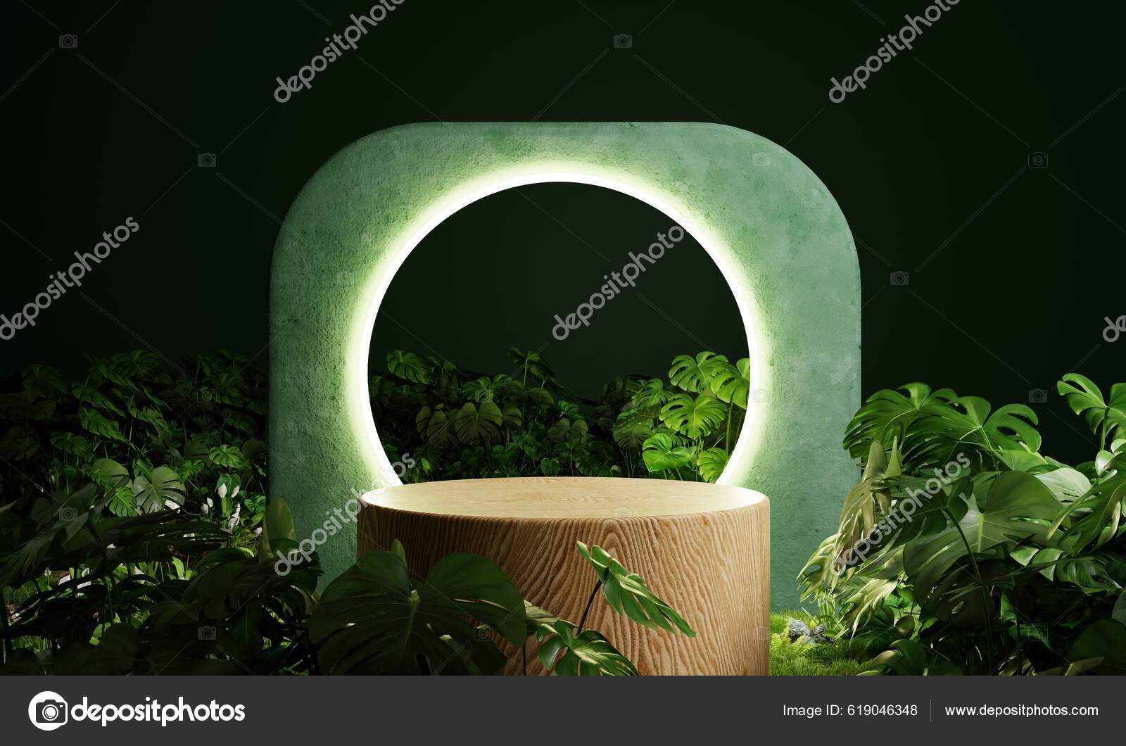 Træ Produkt Display Podium Jungle Skov Med Cirkel Lysstofrør Neon —  Stock-foto © shutter2u #619046348