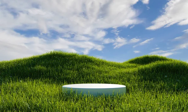 Wit Minimaal Podium Groen Grasland Met Blauwe Lucht Achtergrond Natuurconcept — Stockfoto