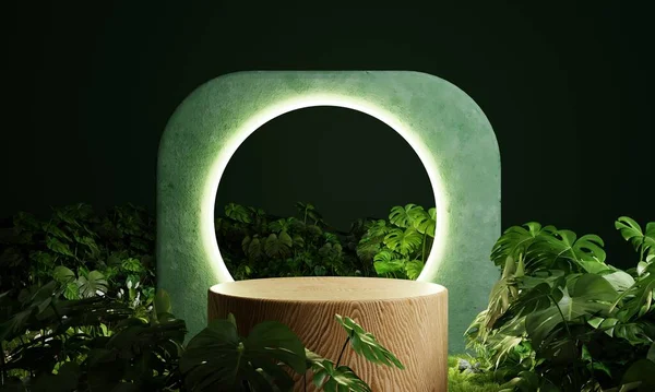 Produk Kayu Menampilkan Podium Hutan Dengan Latar Lampu Neon Lingkaran — Stok Foto