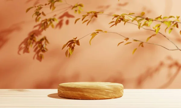 Platform Podium Silinder Bulat Kayu Dengan Pohon Musim Gugur Dengan — Stok Foto