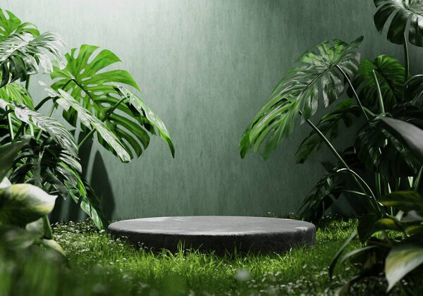 Black Granite Product Display Podium Green Room Grass Flowers Sunshine Stock Picture