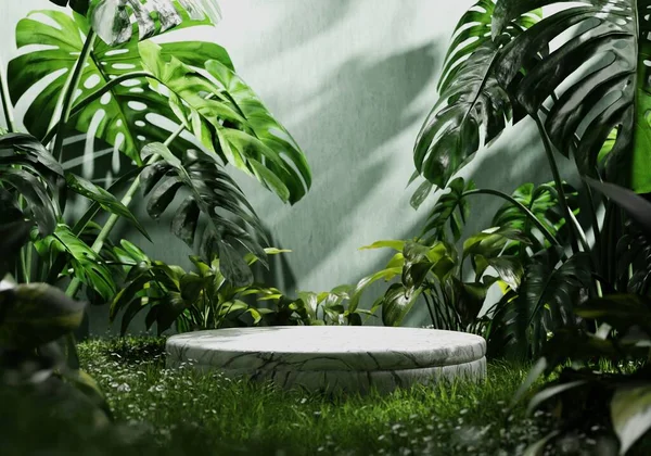 Beyaz Mermer Ürün Yeşil Odada Podyum Sergiliyor Çim Çiçekleri Güneş Telifsiz Stok Imajlar