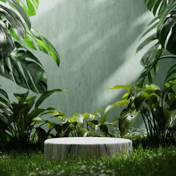 White Marble Product Display Podium Green Room Grass Flowers Sunshine Stock Image