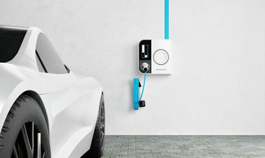 Evdeki garajdaki elektrikli araçlar için yüksek hızlı şarj istasyonu ve mavi enerji şarjı. Yakıt gücü ve ulaşım endüstrisi kavramı. 3B illüstrasyon oluşturma