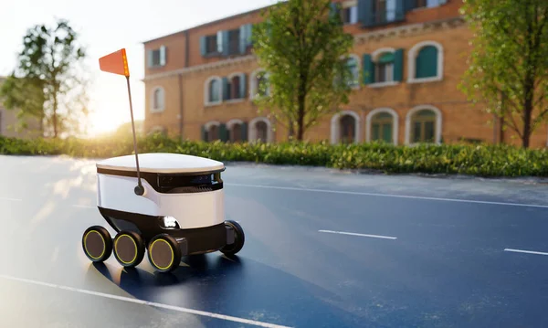Kurir Robot Mengantarkan Paket Rumah Pelanggan Jalan Raya Dengan Latar — Stok Foto