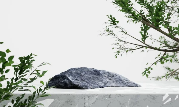 Batu Podium Pada Latar Belakang Meja Putih Konsep Alam Dan — Stok Foto