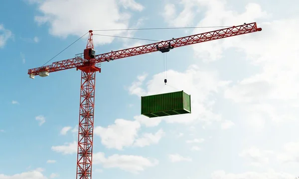 High Crane Green Cargo Container Depot Warehouse Sky Background Business — Stock Photo, Image