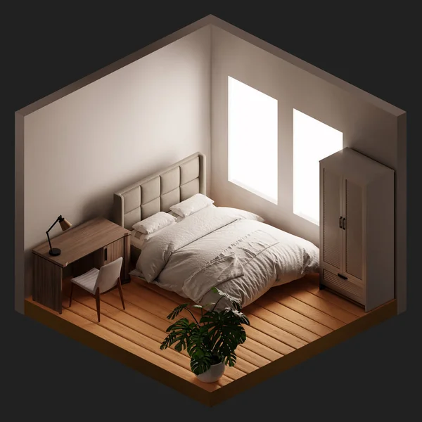 卧房内等距视图 风格简约 家庭和装修的概念 3D插图渲染 — 图库照片