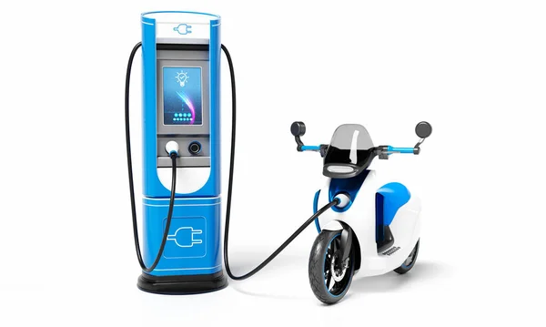 Мотоцикл Зарядной Станции Изолированном Белом Фоне Зеленая Энергетика Транспортная Концепция Стоковая Картинка