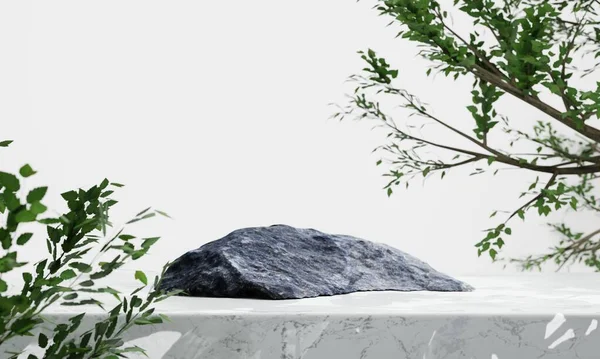 Podio Rock Sobre Fondo Mesa Blanca Concepto Natural Cosmético Visualización Fotos De Stock Sin Royalties Gratis
