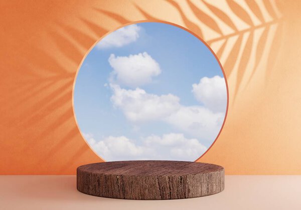 Wooden Cylinder Podium Orange Background Blue Sky Window Minimal Cloud Royalty Free Stock Photos
