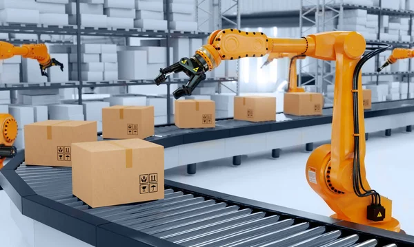 Industriële Robotarm Grijpt Kartonnen Doos Rollenbaan Rek Met Magazijn Achtergrond Stockafbeelding