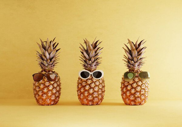 Pineapples Gang Summer Costumes Style Yellow Background Fruits Holiday Vacation Royalty Free Stock Images