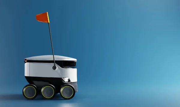 Robot Courier Delivering Parcel Customer House Blue Backdrop Background Studio Stock Image
