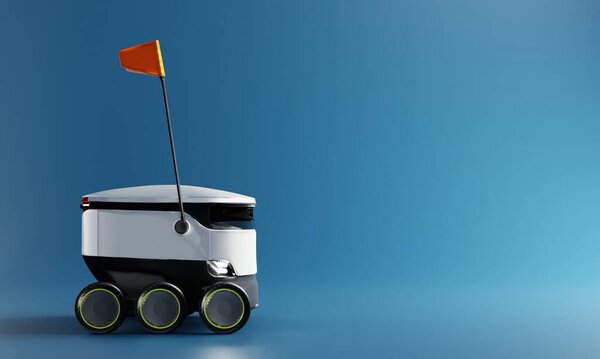 Robot Courier Delivering Parcel Customer House Blue Backdrop Background Studio Royalty Free Stock Images