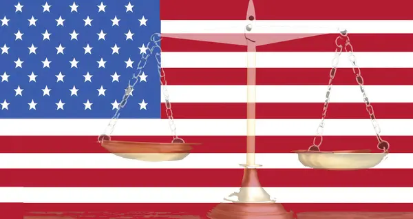 Skalor För Rättvisa Och Förenta Staternas Flagga Som Symboliserar Rättssystemet — Stockfoto