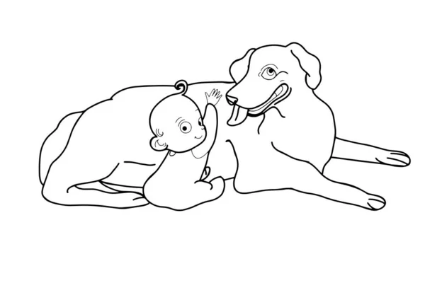 Ένα Χαριτωμένο Σκυλί Και Μωρό Κάθεται Σελίδα Χρώμα — Φωτογραφία Αρχείου