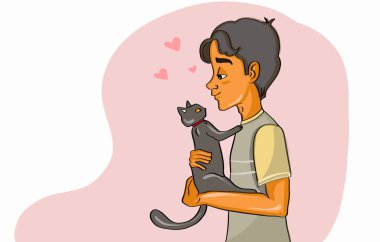 Erkek ya da kadın kedisine sevgiyle sarılıyor. Çekim el çizimi.