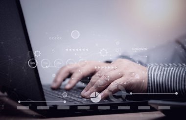 computer technology concept Networking or remote work global business network man working with laptop big data information system network system.