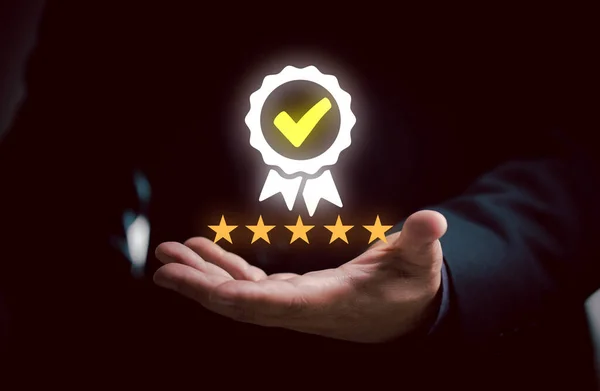 The concept of customer satisfaction rating. Businesspeople give it a full five-star rating in the poll. Satisfaction feedback score for service, banking, industry, restaurant, telecommunication.