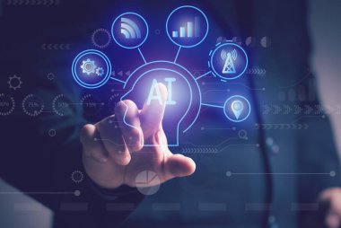 Yapay Zeka kavramı. İnsan, çeşitli kullanıcı, endüstri, finans, bankacılık, eğitim, tarım, müzik ihtiyaçlarını karşılamak ve yardımcı olmak için yapay zeka teknolojisini kullanır.