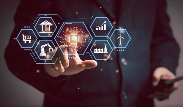 Yapay Zeka kavramı. İnsan, çeşitli kullanıcı, endüstri, finans, bankacılık, eğitim, tarım, müzik ihtiyaçlarını karşılamak ve yardımcı olmak için yapay zeka teknolojisini kullanır.