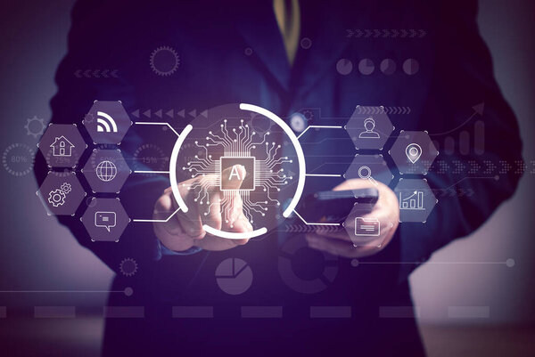Businessman point at Touch Screen to operation Artificial Intelligence. AI Conceptp in Education, Industry, Music, Science, agriculture.