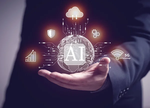 Yapay zeka konsepti. İş adamları yapay zekayı çeşitli görevler için bir araç olarak kullanırlar. Finansal, İş, Endüstri, Teknoloji, İletişim, Veri Toplama, Güvenlik.