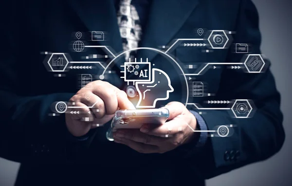 Ai Tech, iş adamı yapay zeka konsepti ile sanal küresel internet bağlantısı gösteriyor. Gelecekteki teknoloji dönüşümü. İş için. Mali işler. Tıbbi yardım. Eğitim.