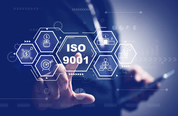 concepts about iso 9001. Businessman pressing on virtual screen about quality management system. Customer Focus, Involvement of People, Process Approach, System Approach. QMS.