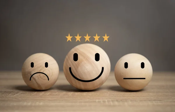 Concepts satisfaction. The wooden ball has smiling and frowning faces to express happy and unhappy emotions. There is a star showing the highest satisfaction score.
