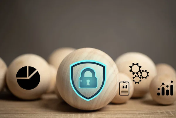 online security system. The key icon is on the wooden ball to represent security and protect information such as financial, sensitive company data. corporate information personal information.