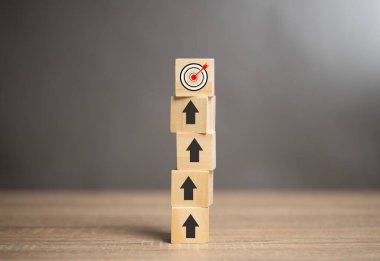 Pazarlama hedefleri belirleme fikri. Masanın üzerindeki tahta blokta hedefin tepesini gösteren bir ok var. Pazarlama için hedefler ve gelecekteki ihtiyaçlar belirleyin. 