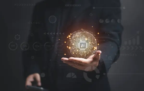 Yapay zeka konsepti. Adamın biri elinde bir grafik küre tutuyor. Yapay zeka sembolü dünyanın ortasında. AI çeşitli ticaret, finans, eğitim, teknoloji ve sanayi alanlarında kullanılmaktadır..