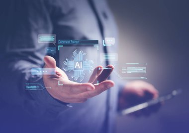 Erkekler akıllı telefonlarında bilmek istedikleri konuşmalara cevap vermek için yapay zeka kullanırlar. Yapay zeka teknolojisi kavramları, sohbet robotlarının organizasyonlardaki otomatik konuşmaları cevaplamak için kullanılması..