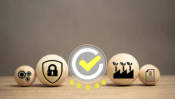 The concept of satisfaction business services. Certification icons for highest standards of excellent between business icons on wooden balls on the table. Opinion survey, questionnaire, feedback.