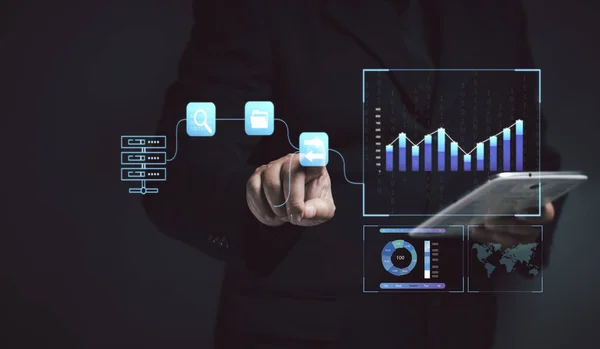 Businessman taps virtual screen on data analysis icon. Concept of data usage and big data analysis. storage for business organizations. Marketing strategy and investment growth business. Research and planning.