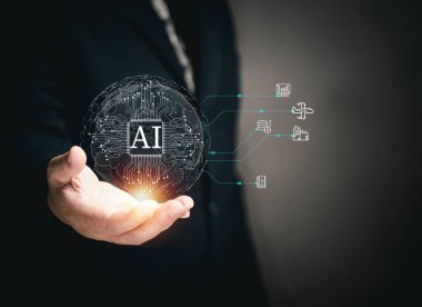 Yapay zeka konsepti. İş adamı, daha fazla iş yeniliği yapmak için dünya yapay zeka hologramını elinde tutuyor. Yapay Zeka 'dan iş dünyası için bağlantı ağı. Küresel Yenilik teknolojisi geliştirme.