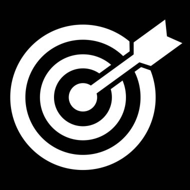 Hedefin üzerinde beyaz ok olan hedef simgesi, siyah renkli düz stil vektör çizimi nesnesi. Resim grafik ögesi beyaz arkaplanda izole edildi.