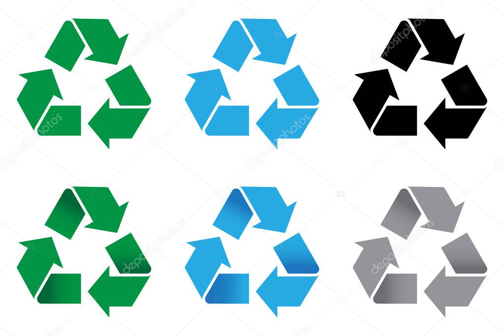 Recycle sign, set of recover symbol in blue, green, gray and black colors. Illustration graphic object with arrow. Vector drawing element isolated on white background.
